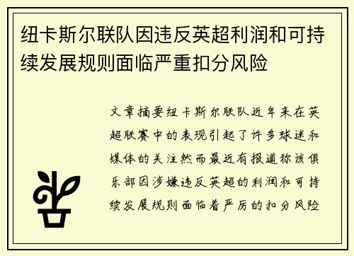 纽卡斯尔联队因违反英超利润和可持续发展规则面临严重扣分风险 纽卡斯尔联队因违反英超利润和可持续发展规则面临严重扣分风险